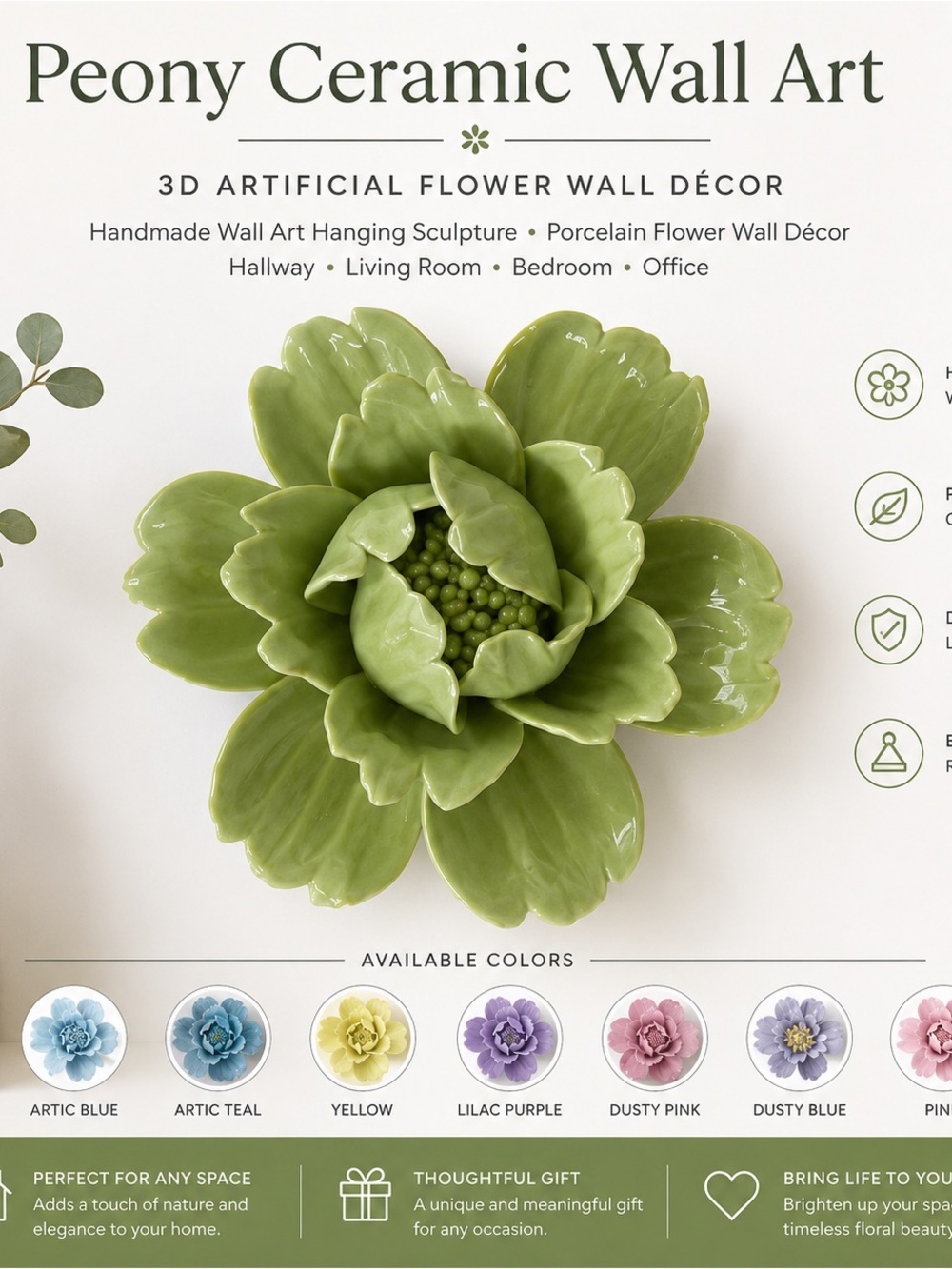 Peony Ceramic Wall Art - Green Peony Flower Wall Décor